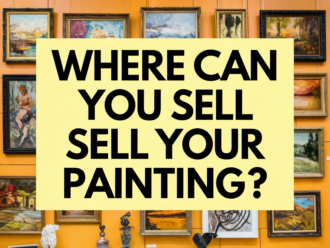 A collection of paintings on display in a gallery with a question asking where to sell your painting.
