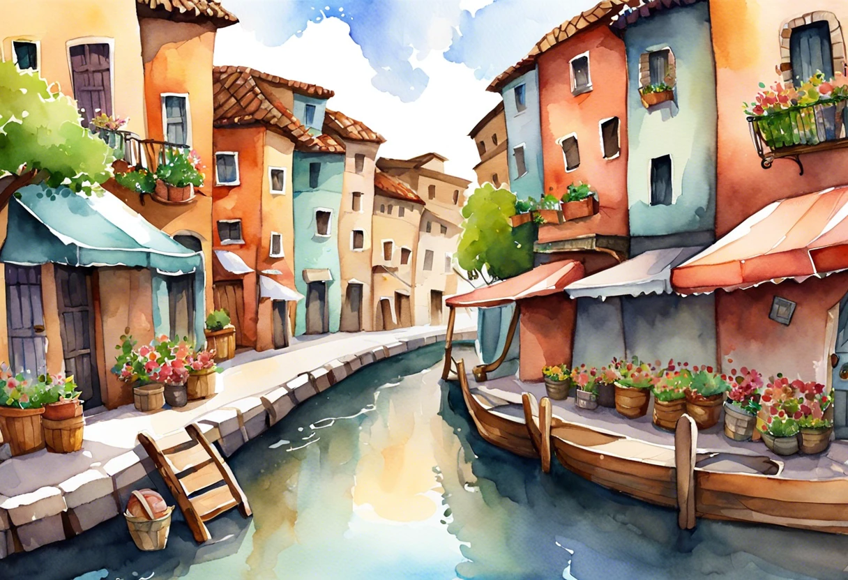 Beautiful watercolor painting of a canal with colorful houses, perfect for selling your artwork.