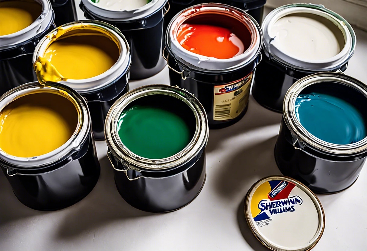 Various unopened paint cans from Sherwin-Williams showcasing different colors related to paint return policy.