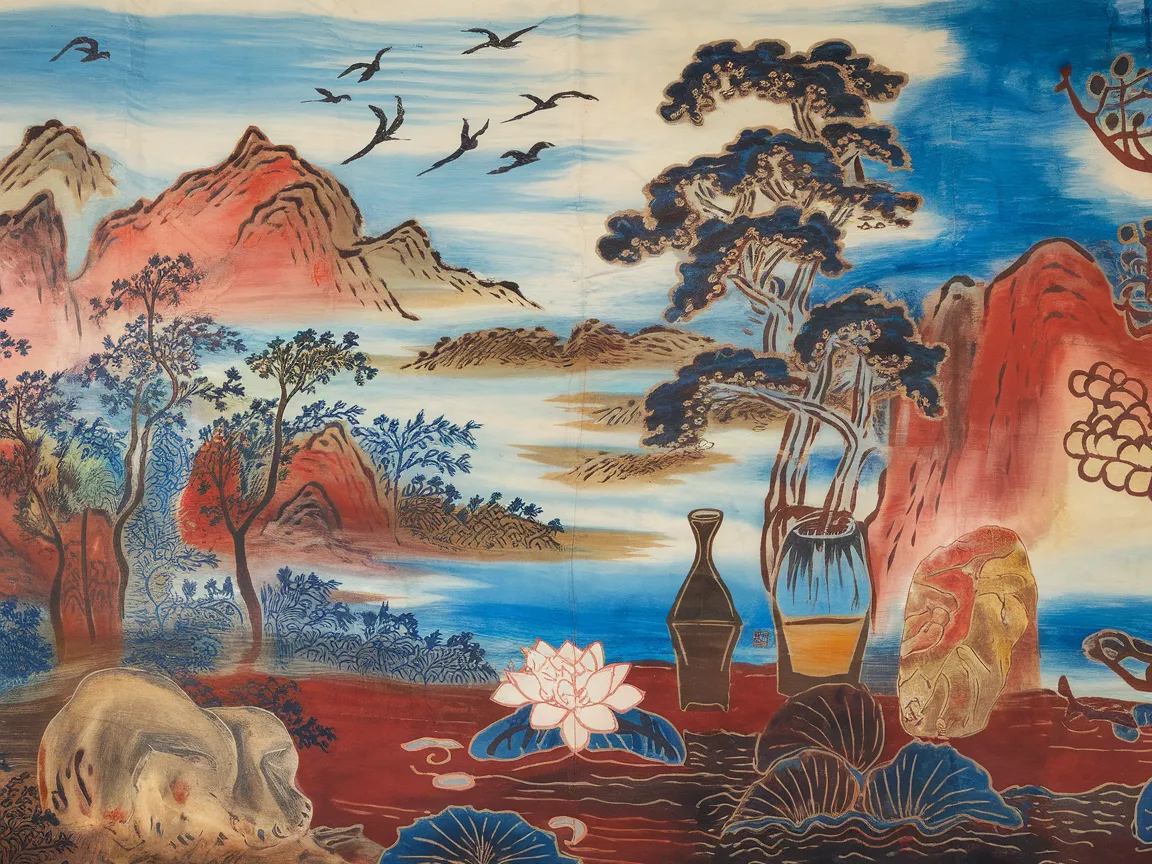 A vibrant silk painting depicting a landscape with mountains, trees, and a lotus flower, showcasing artistry from the specified dynasty.