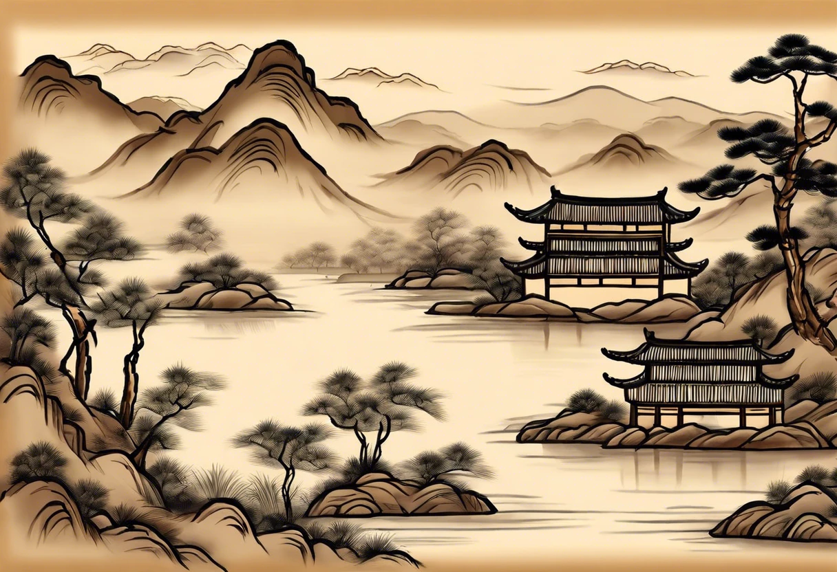 A serene silk painting depicting a traditional Chinese landscape with mountains, water, and pavilion structures, highlighting the artistry of the dynasty.