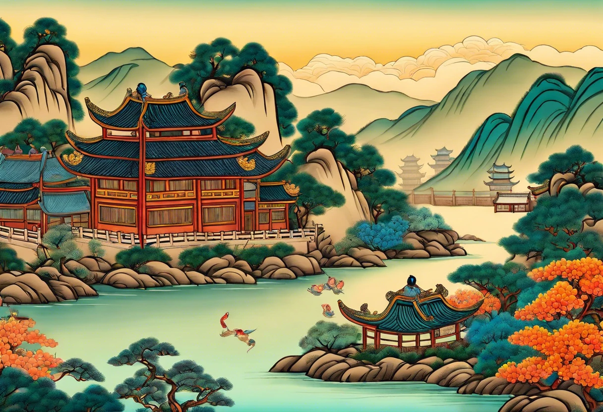Vibrant silk painting showcasing traditional architecture and natural landscapes from a historic Chinese dynasty.