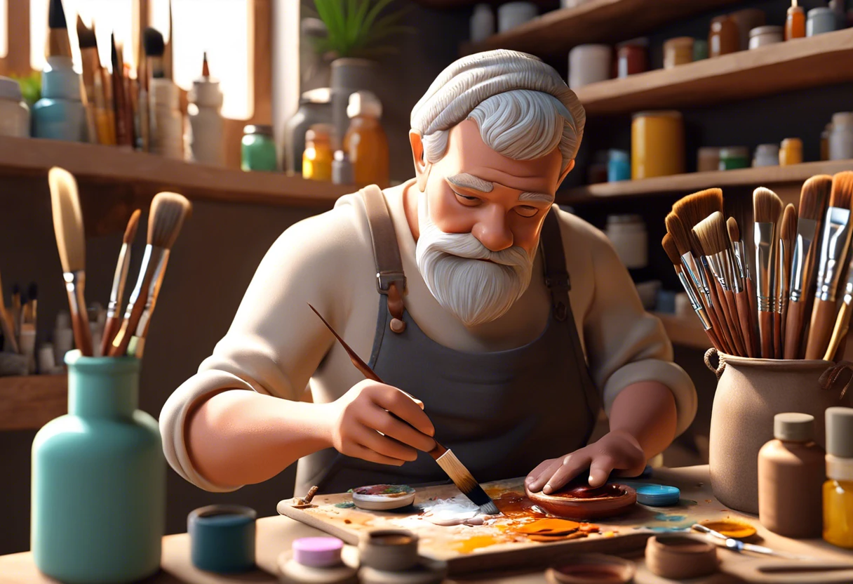 An artist gently restoring the softness of a paint brush using techniques to make it soft again.