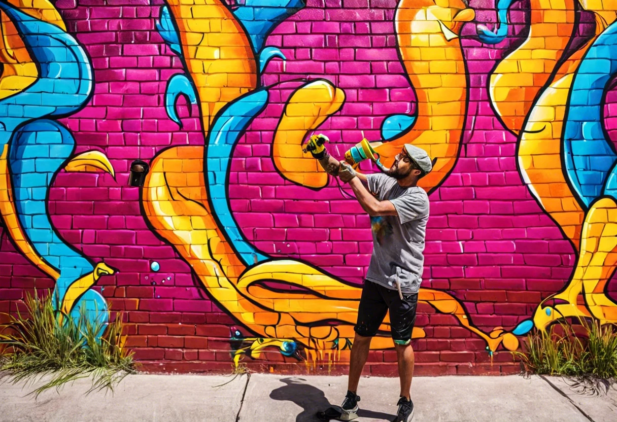 Person using spray paint to create vibrant graffiti artwork on a brick wall, showcasing the use of latex spray paint.