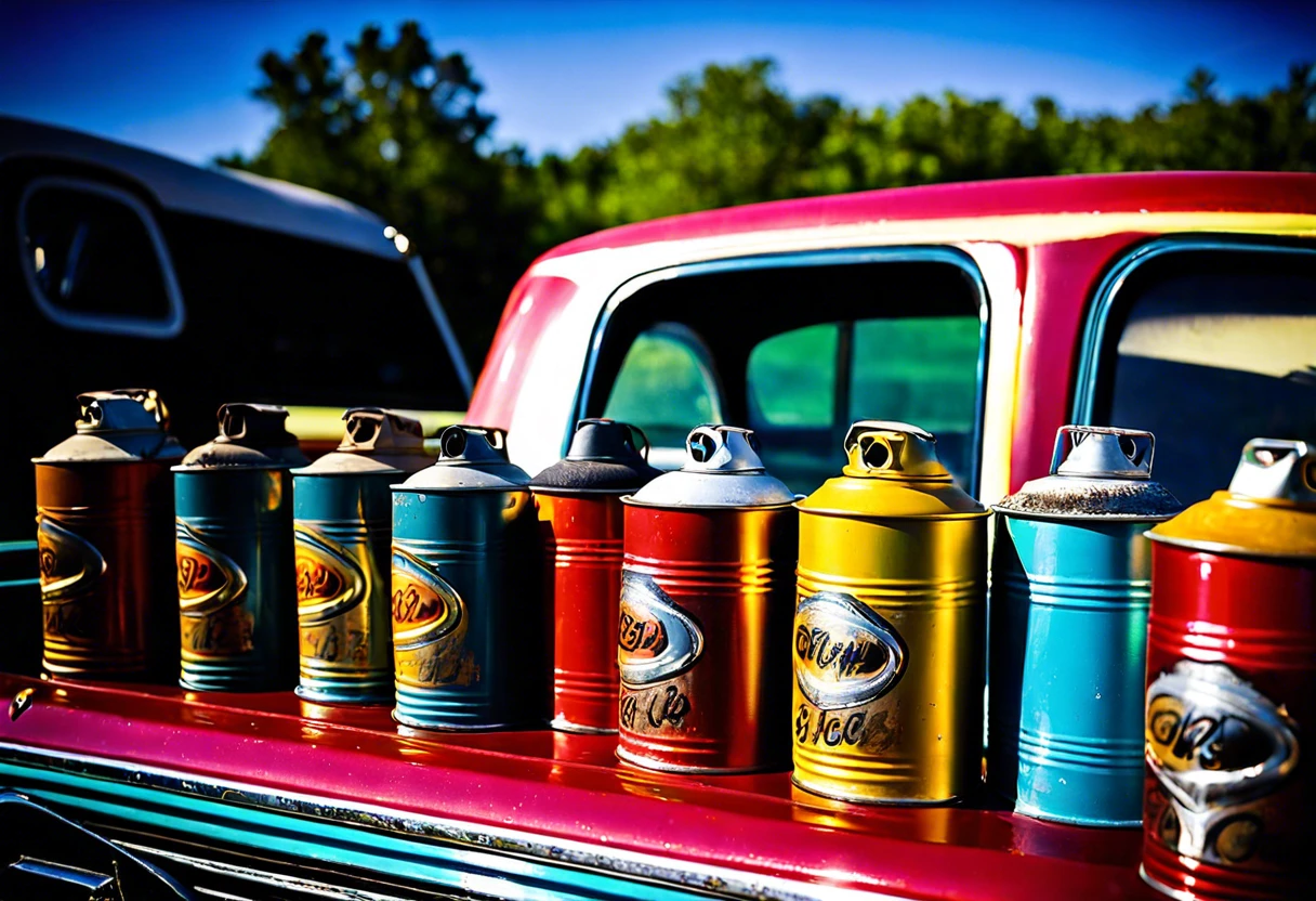 Colorful cans of spray paint lined up on a truck bed, illustrating the quantity needed for painting a truck.