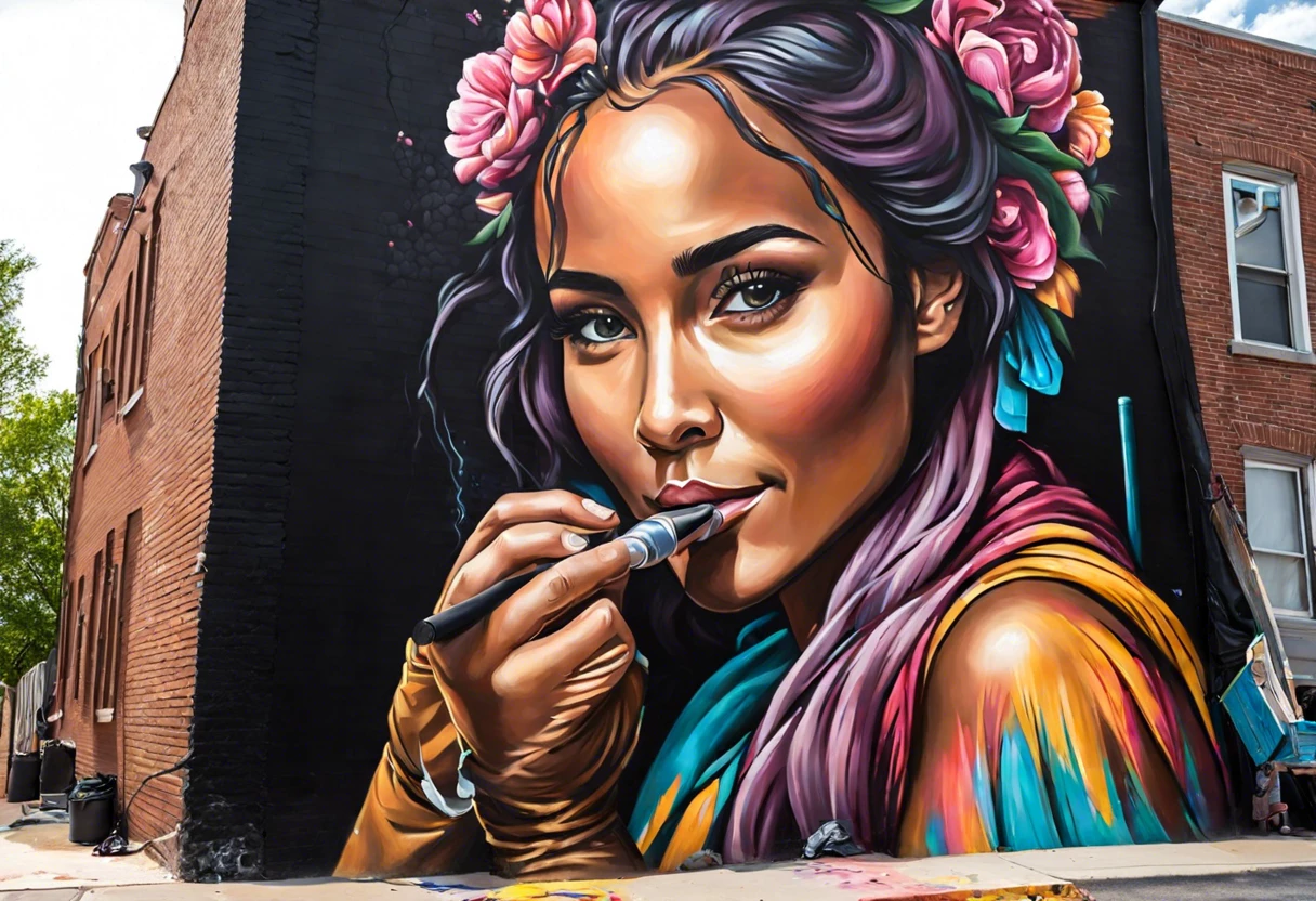 A vibrant mural being painted with spray paint, illustrating the area one can achieve with a can of spray paint.