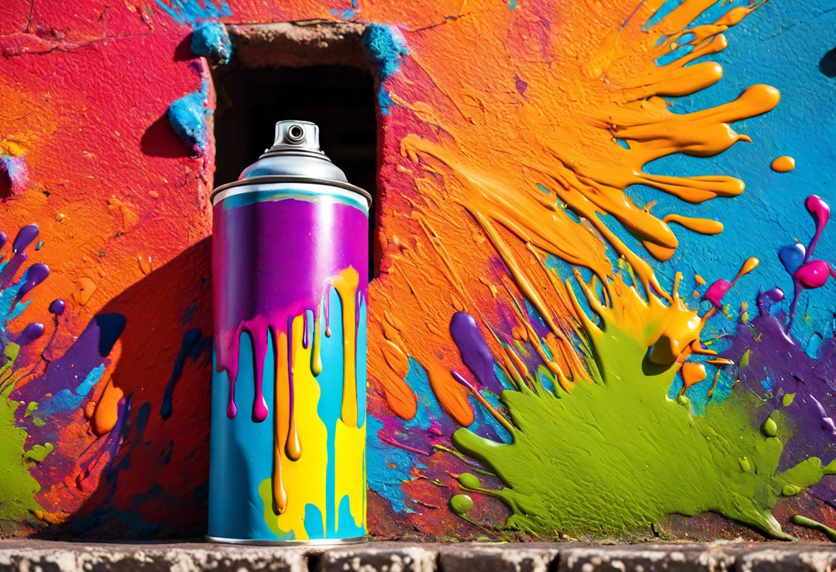 A colorful can of spray paint beside vibrant splashes on a wall, illustrating the coverage area of spray paint.