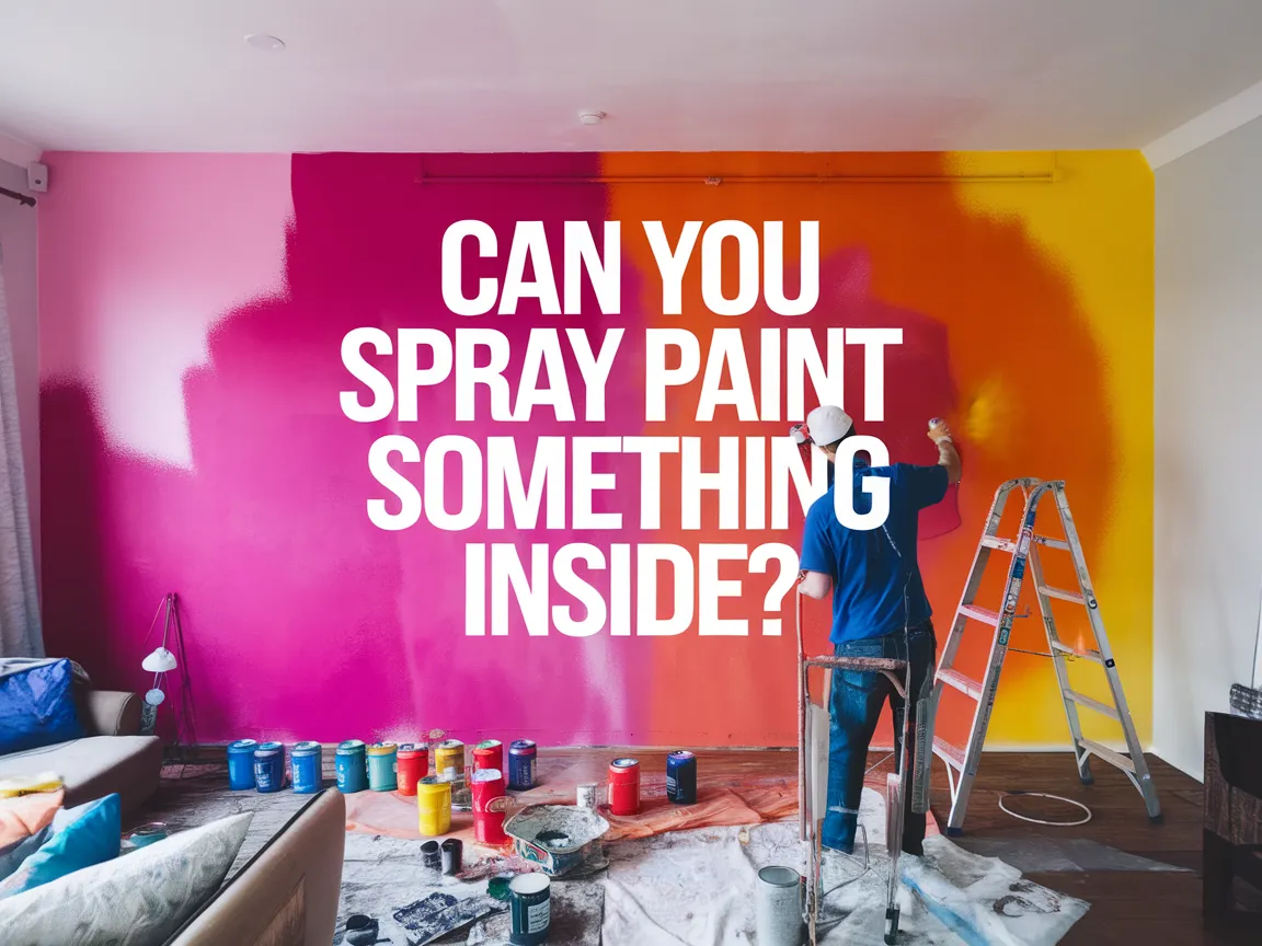 Person spray painting a colorful wall inside a room