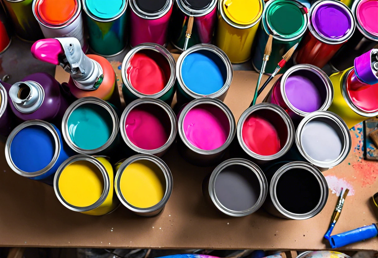 A collection of vibrant spray paint cans, showcasing various colors including pink, blue, and yellow, related to latex spray paint.