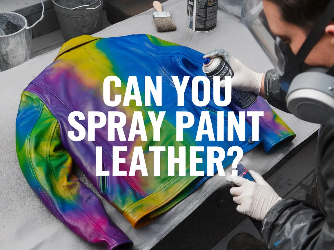 A person spray painting a leather jacket in vibrant colors, demonstrating the process of customizing leather with spray paint.