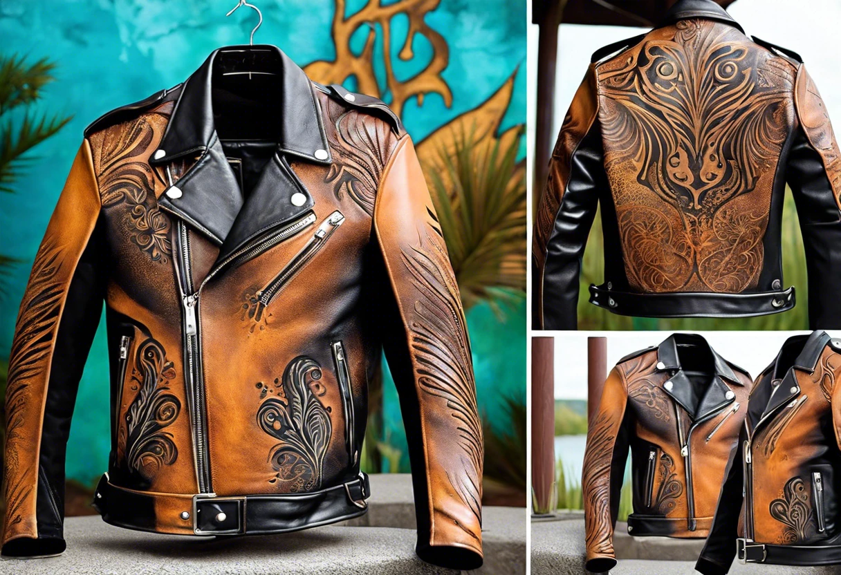 A custom-painted leather jacket with intricate designs, showcasing the outcome of spray painting on leather.