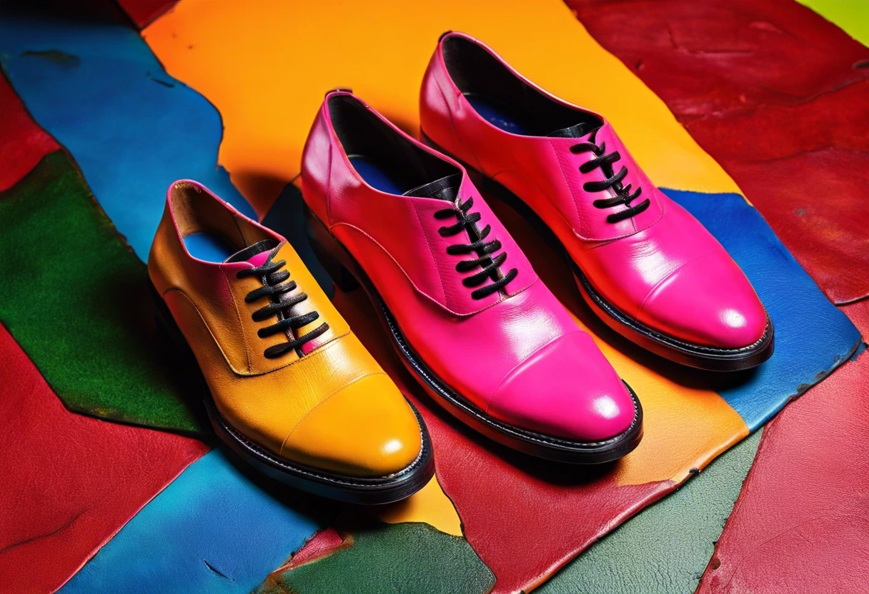 Colorful leather shoes showcasing the results of spray painting leather.