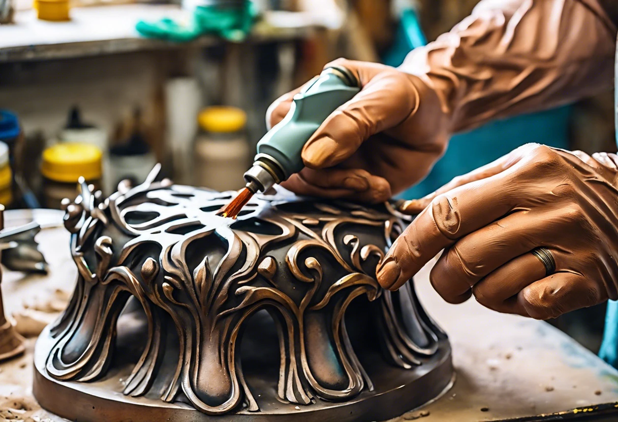 A detailed view of hands spray painting a metal object, showcasing the technique for metal spray painting.