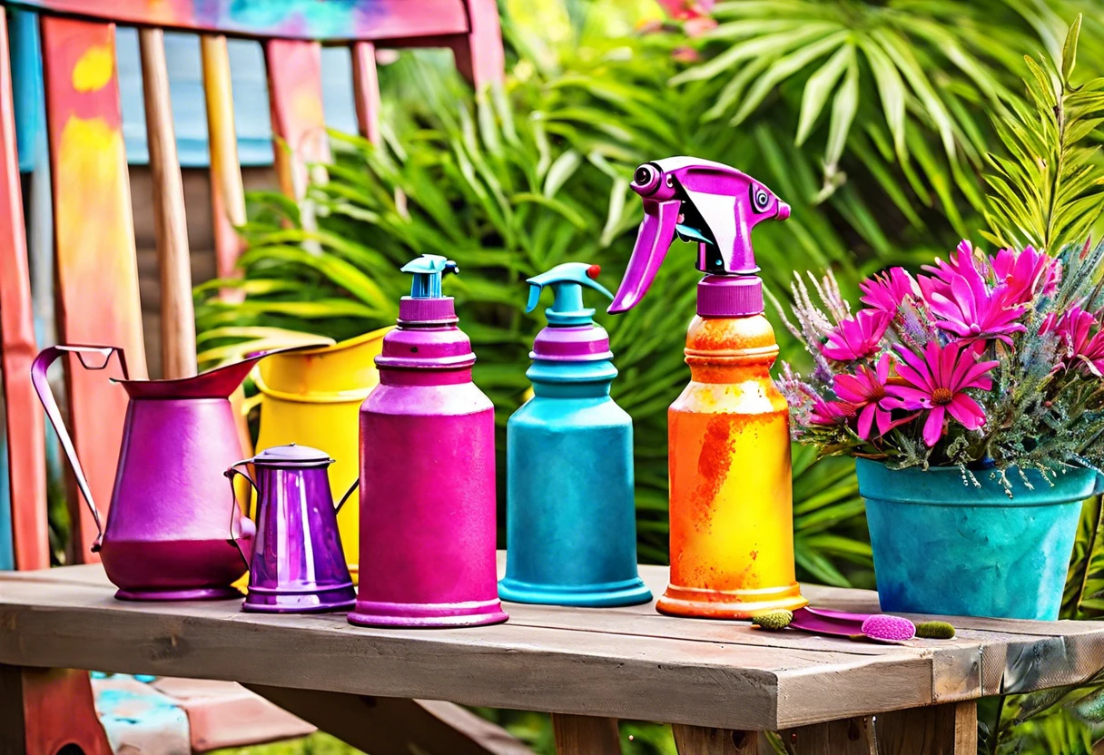 Colorful spray paint tools and equipment for painting metal surfaces