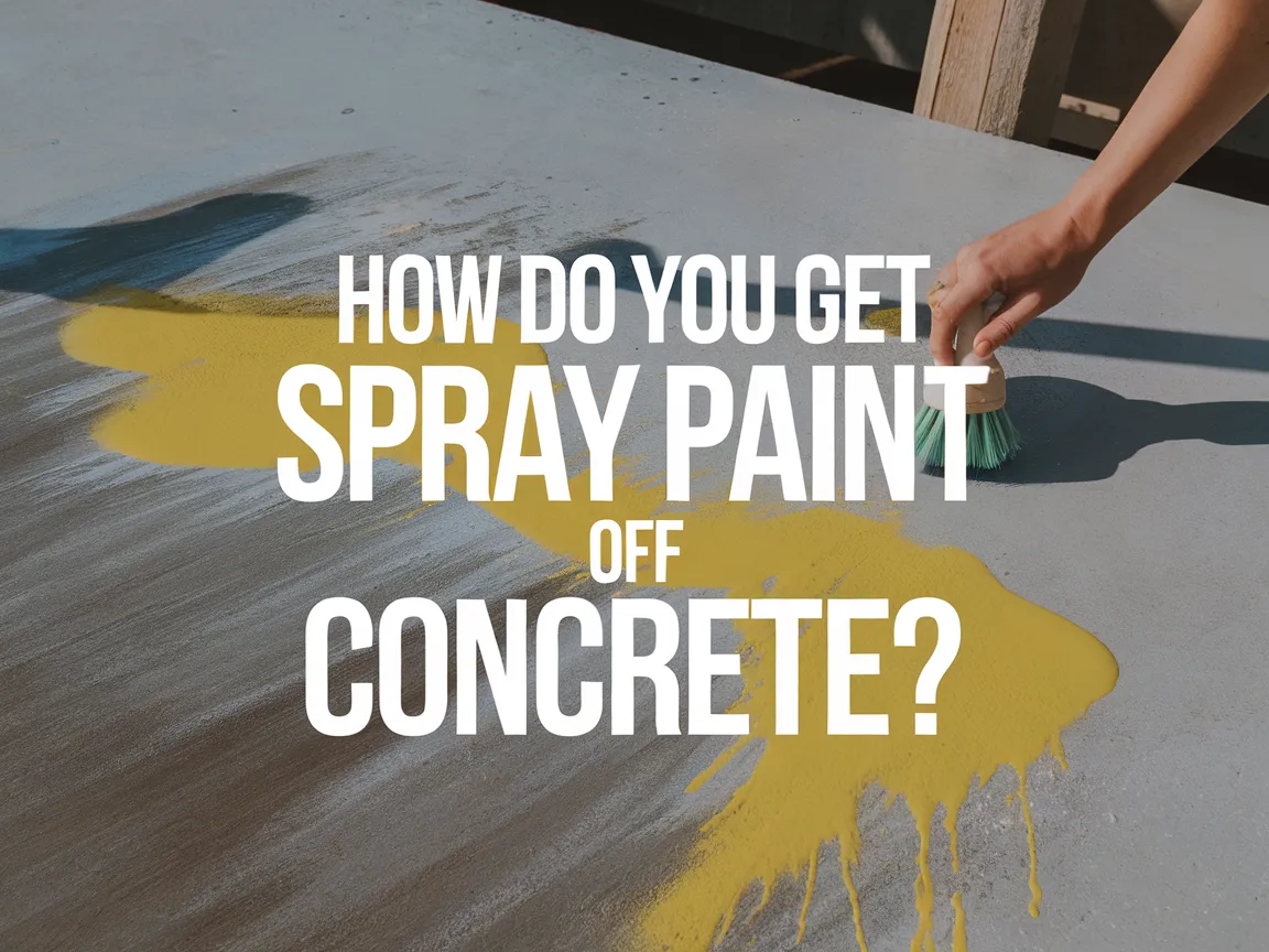 Hand cleaning yellow spray paint off concrete surface with a brush.