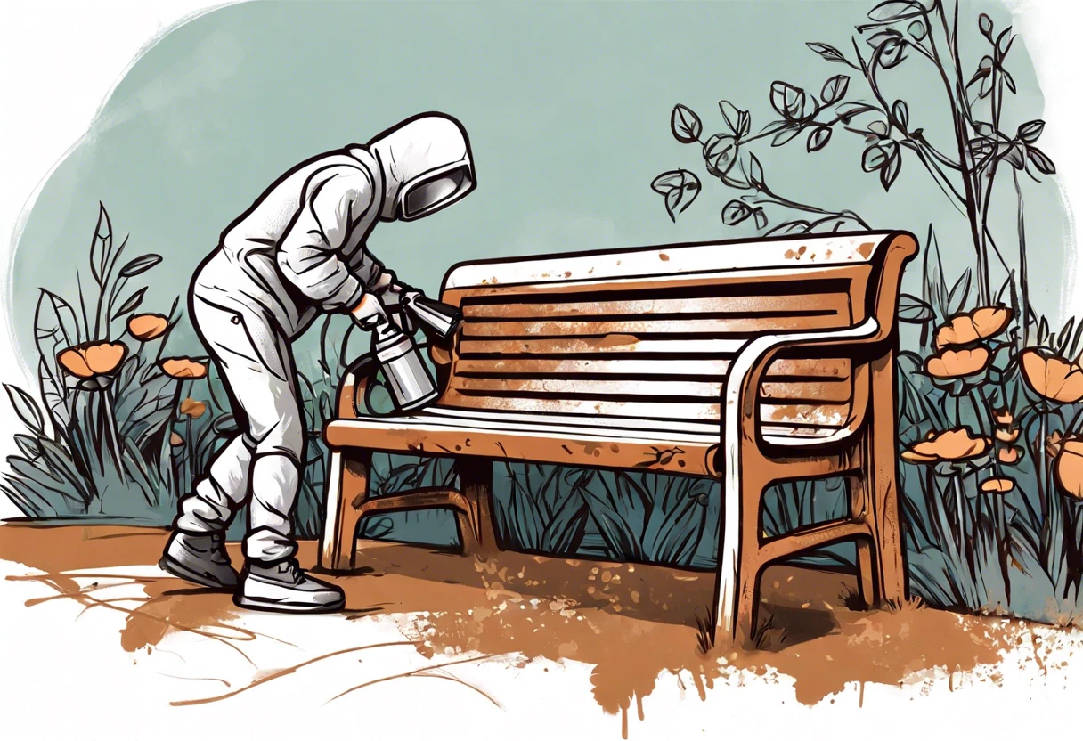 A person spray painting a rusty wooden bench, illustrating how to spray paint over rust.