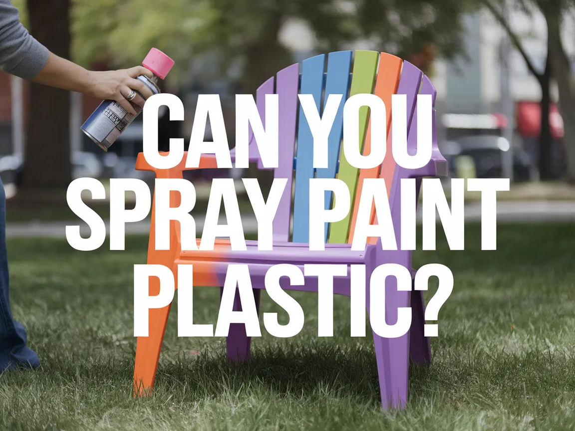 Person spray painting a colorful plastic chair in a garden setting.