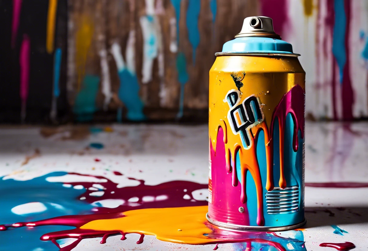 Colorful spray paint can with drips, illustrating the effects of spray paint on plastic surfaces.