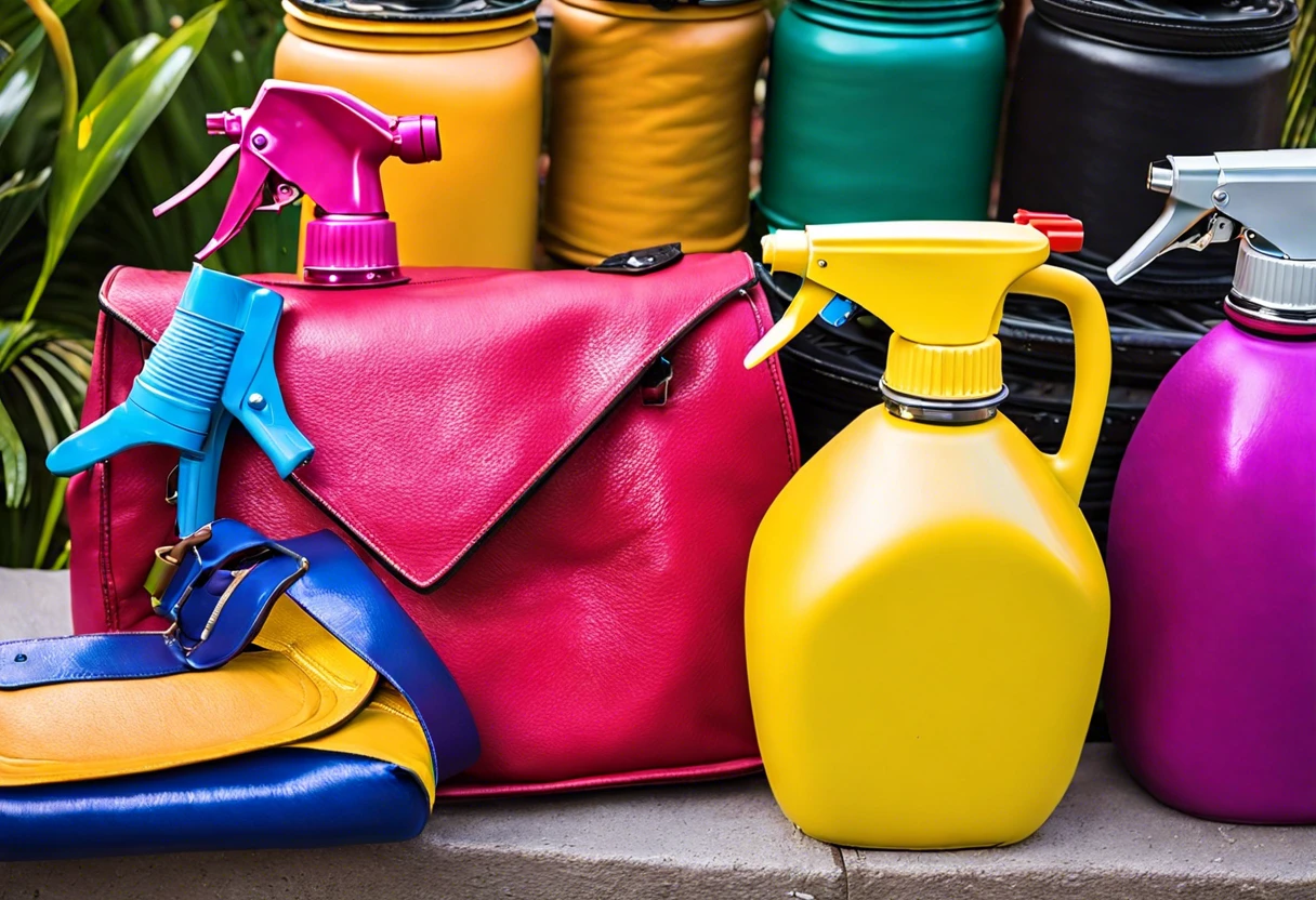 Colorful spray bottles and a pleather handbag showcasing the process of spray painting pleather.