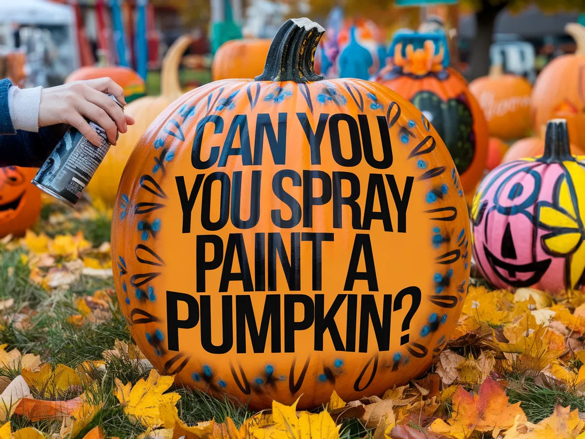 A large orange pumpkin with the question 'Can You Spray Paint A Pumpkin?' and a person holding a spray can nearby, illustrating the concept of spray painting pumpkins.