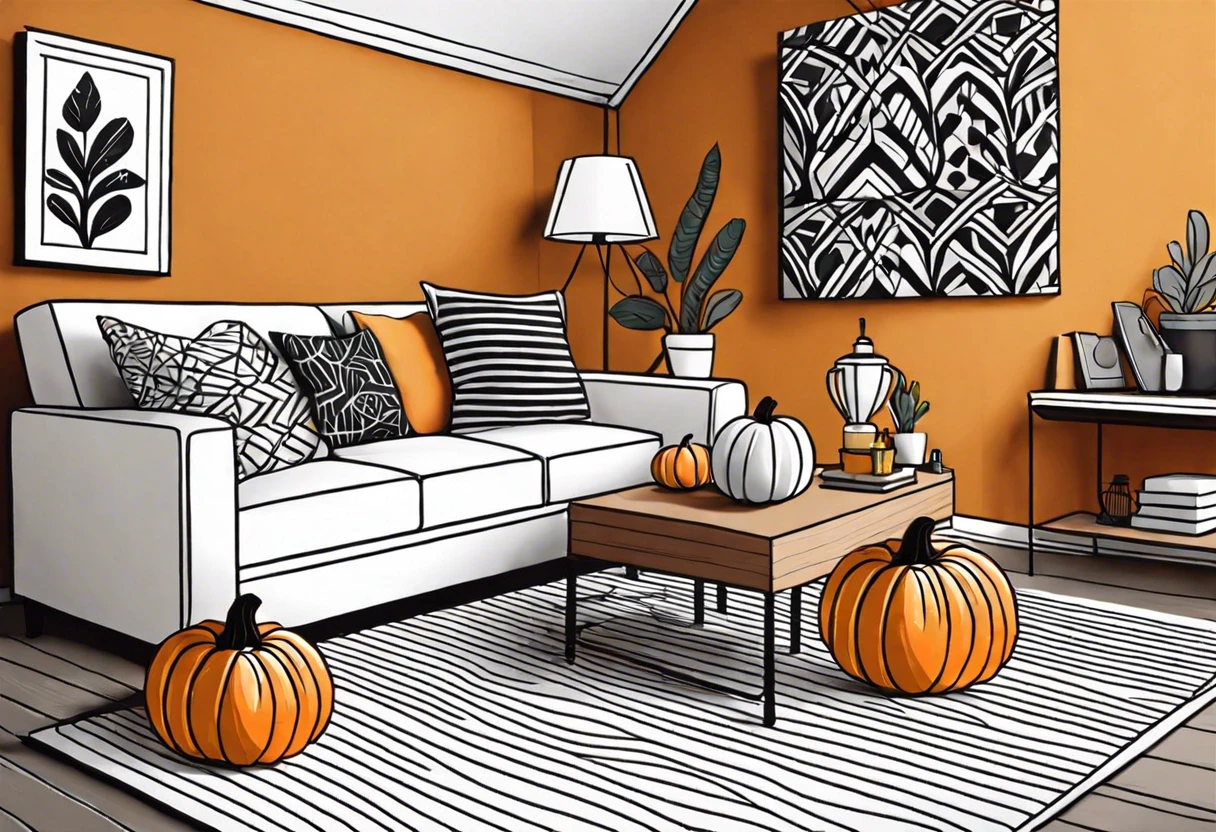 A cozy living room featuring spray-painted pumpkins as decorative elements.