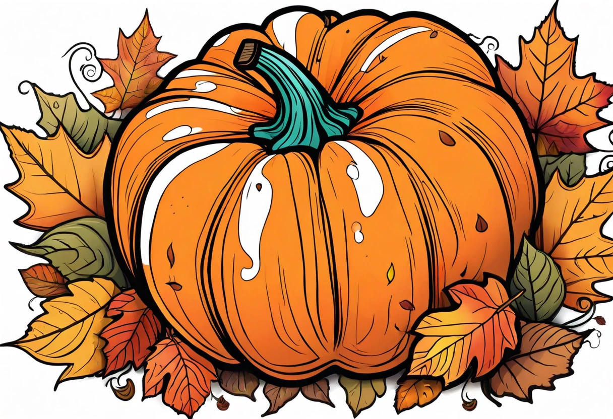 Illustration of a painted pumpkin with leaves, highlighting the idea of spray painting pumpkins.