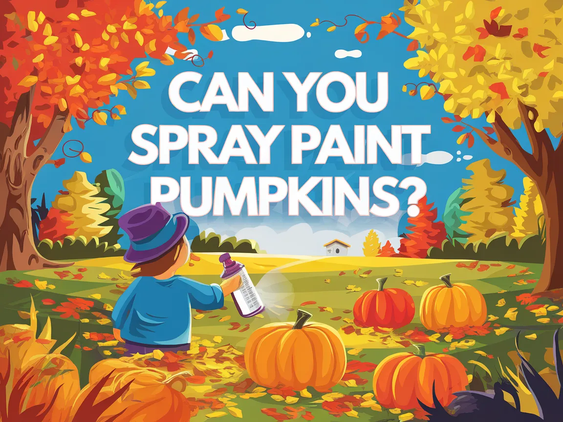 Child spray painting pumpkins in a colorful autumn setting