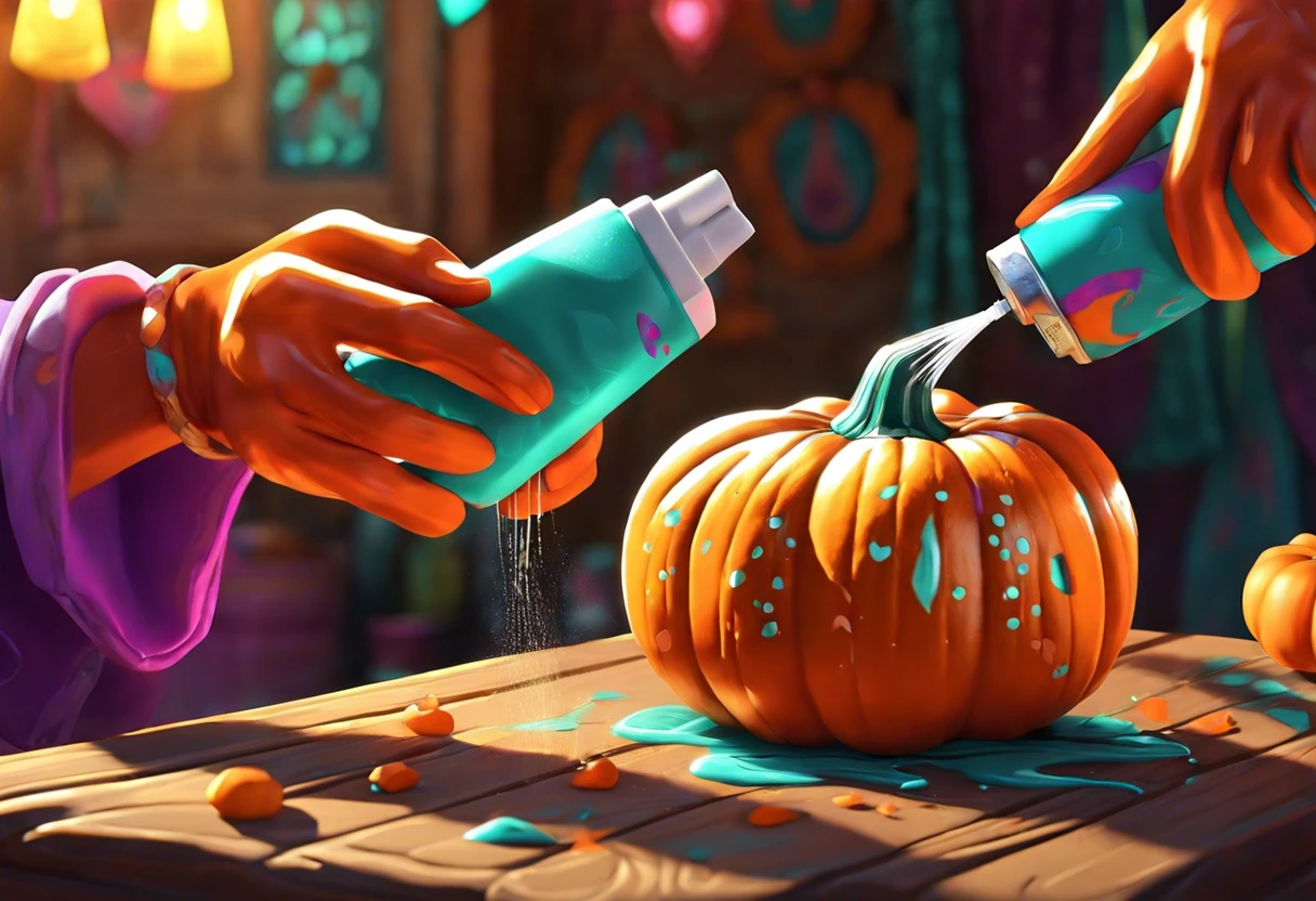 Person spray painting an orange pumpkin with vibrant colors, demonstrating how to spray paint pumpkins.