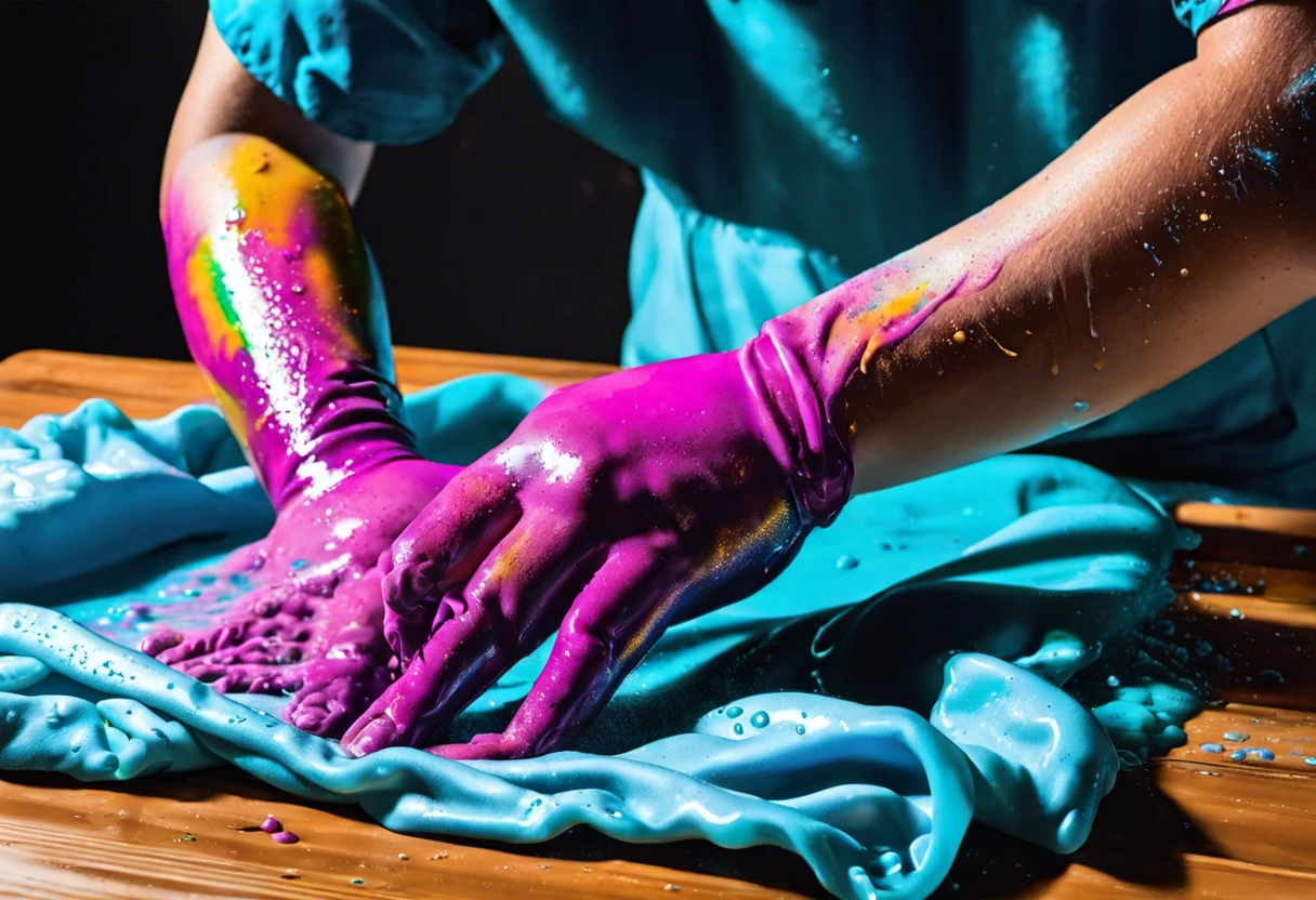 Person using gloves to remove spray paint from fabric for effective spray paint removal.