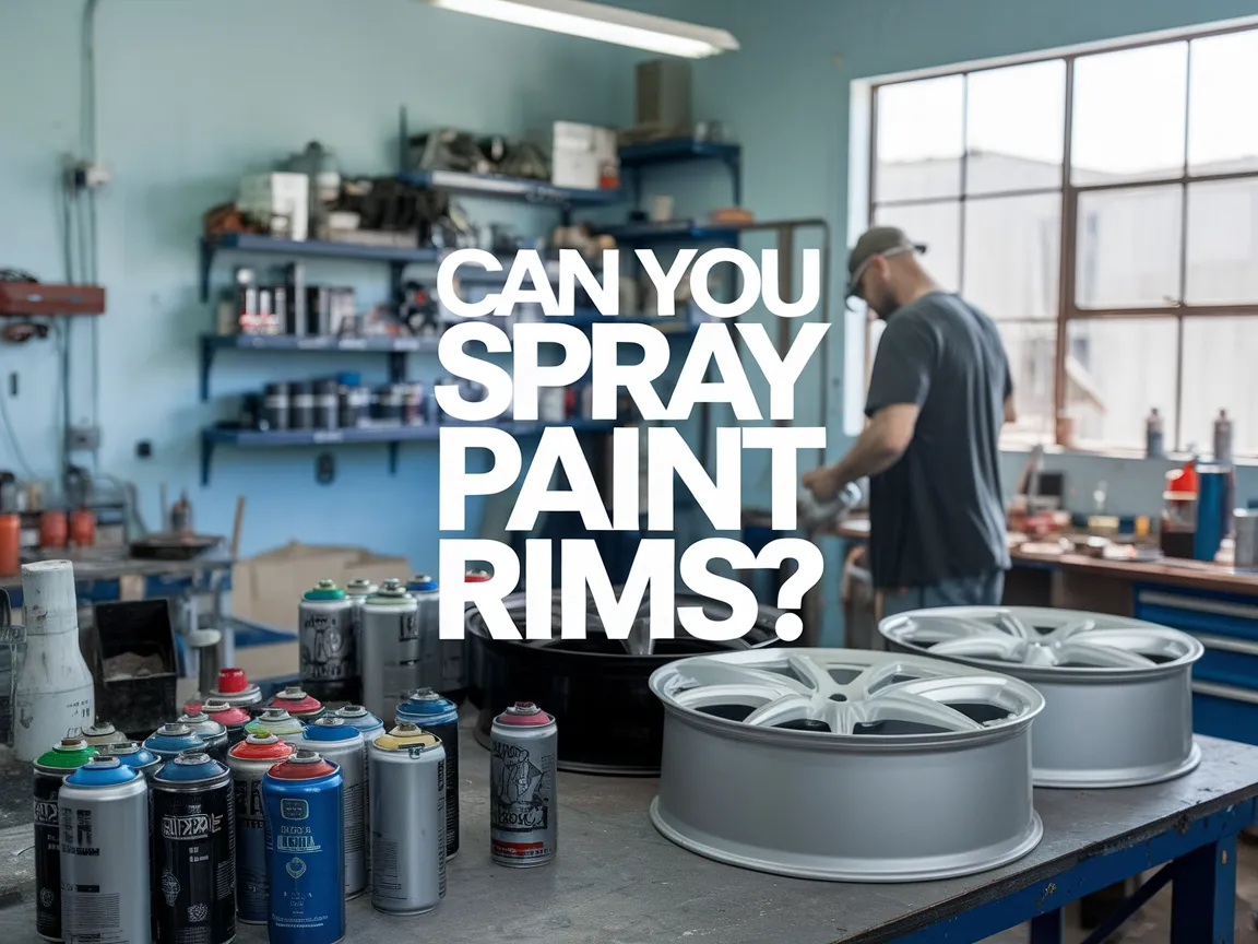 Workshop setting with spray paint cans and rims, related to the process of spray painting rims.