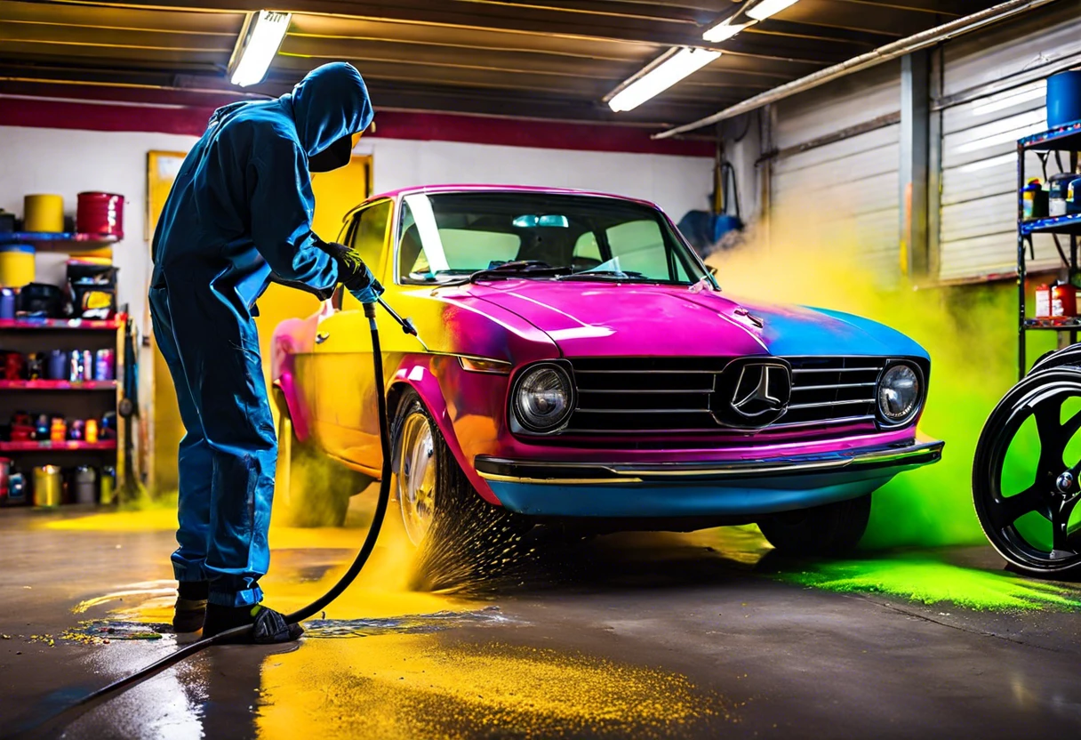 A person spray painting car rims with vibrant colors in a garage.