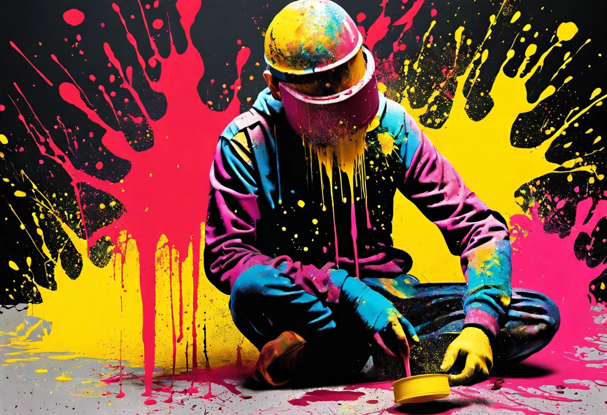 A person wearing protective gear spray painting with vibrant colors, demonstrating the effects of shaking spray paint cans.