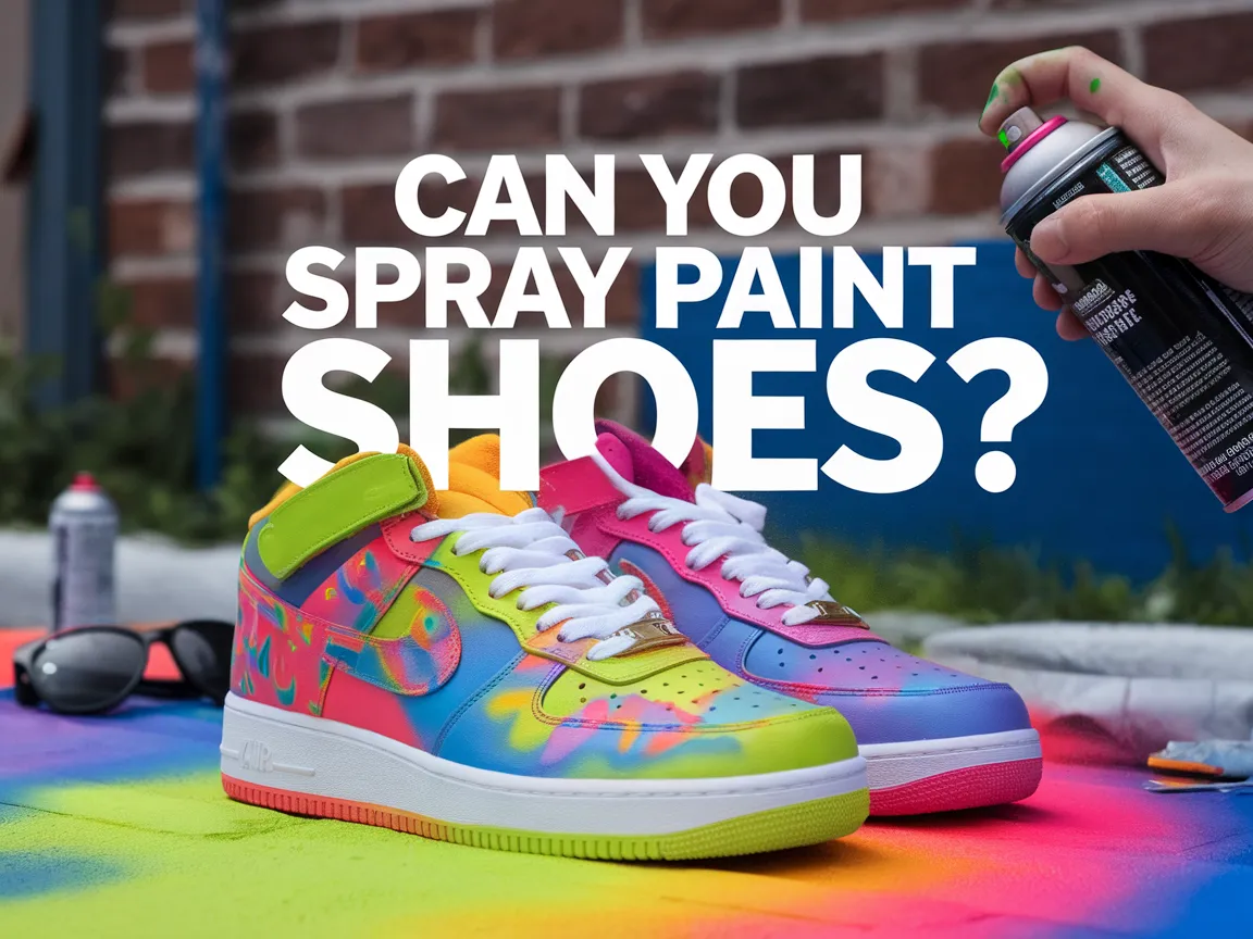 A pair of colorful spray-painted shoes resting on a vibrant surface with a spray can nearby.