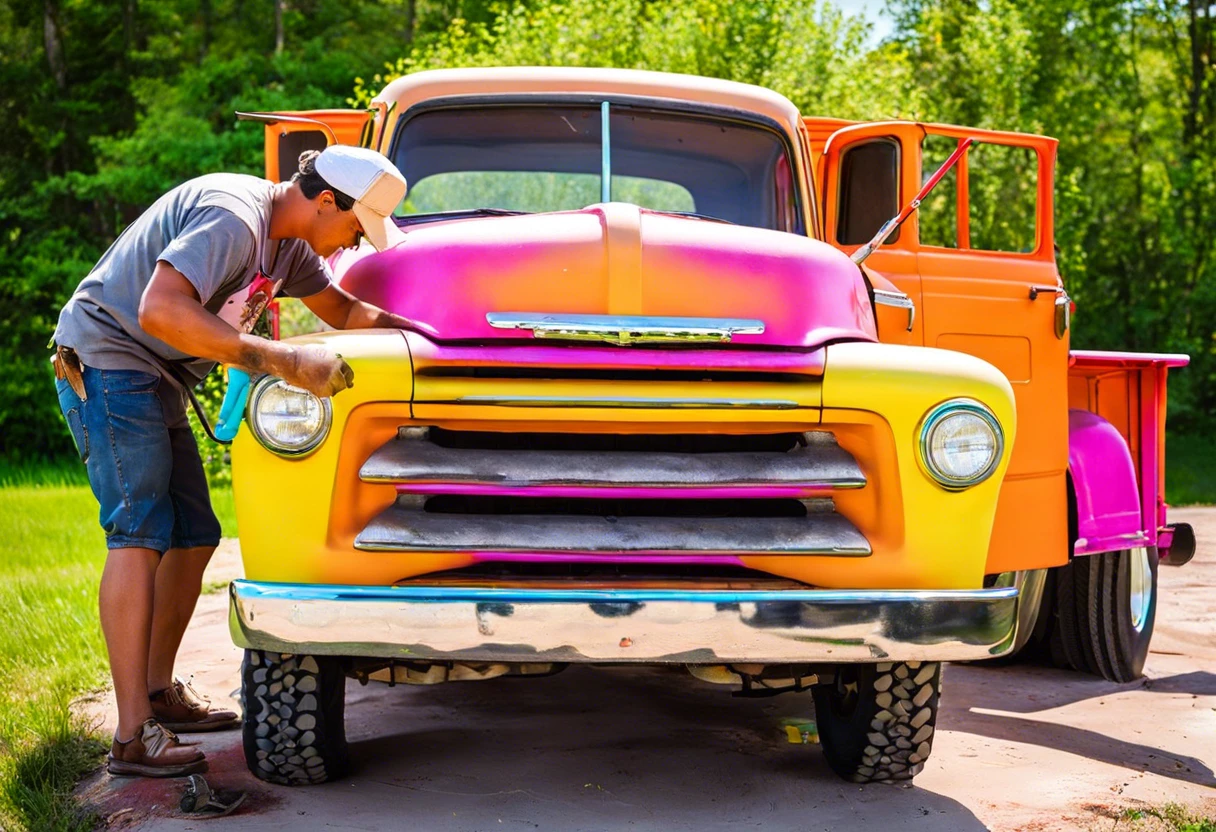 A person spray painting a truck with vibrant colors, illustrating the process of painting a truck with spray paint.