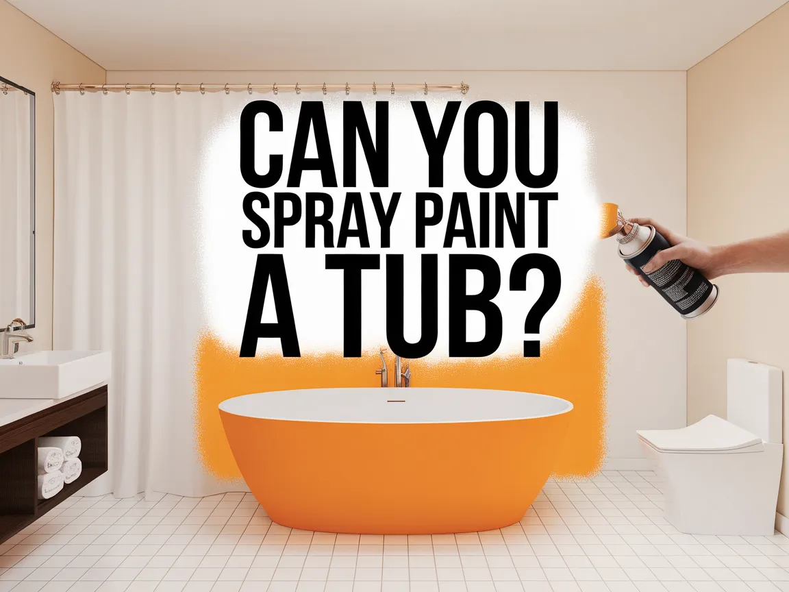 A person holding a spray can, demonstrating how to spray paint a bathtub.