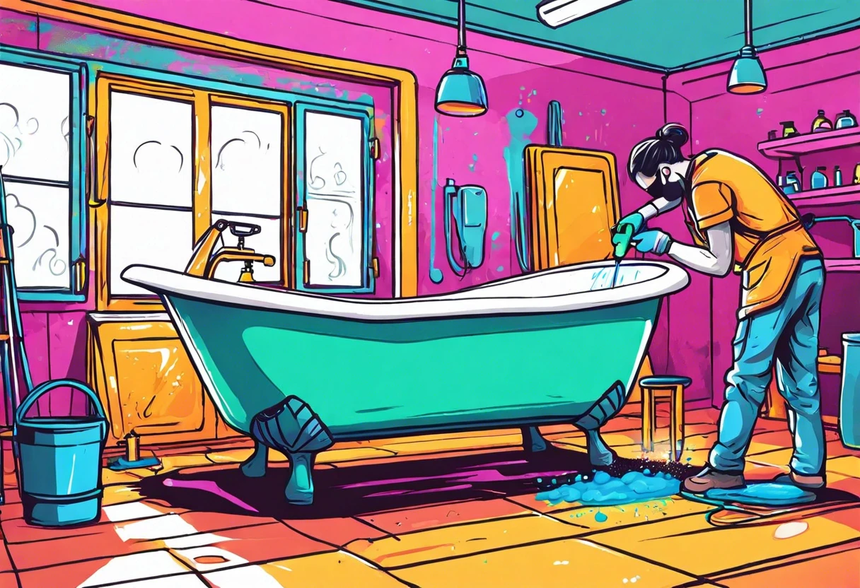 Person spray painting a bathtub in a colorful bathroom environment, demonstrating the process of tub refinishing.