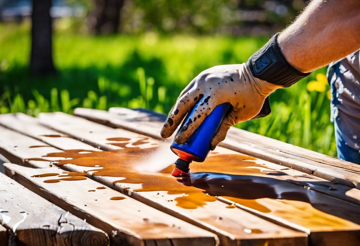 A person spray painting wood surface with a spray can outdoors