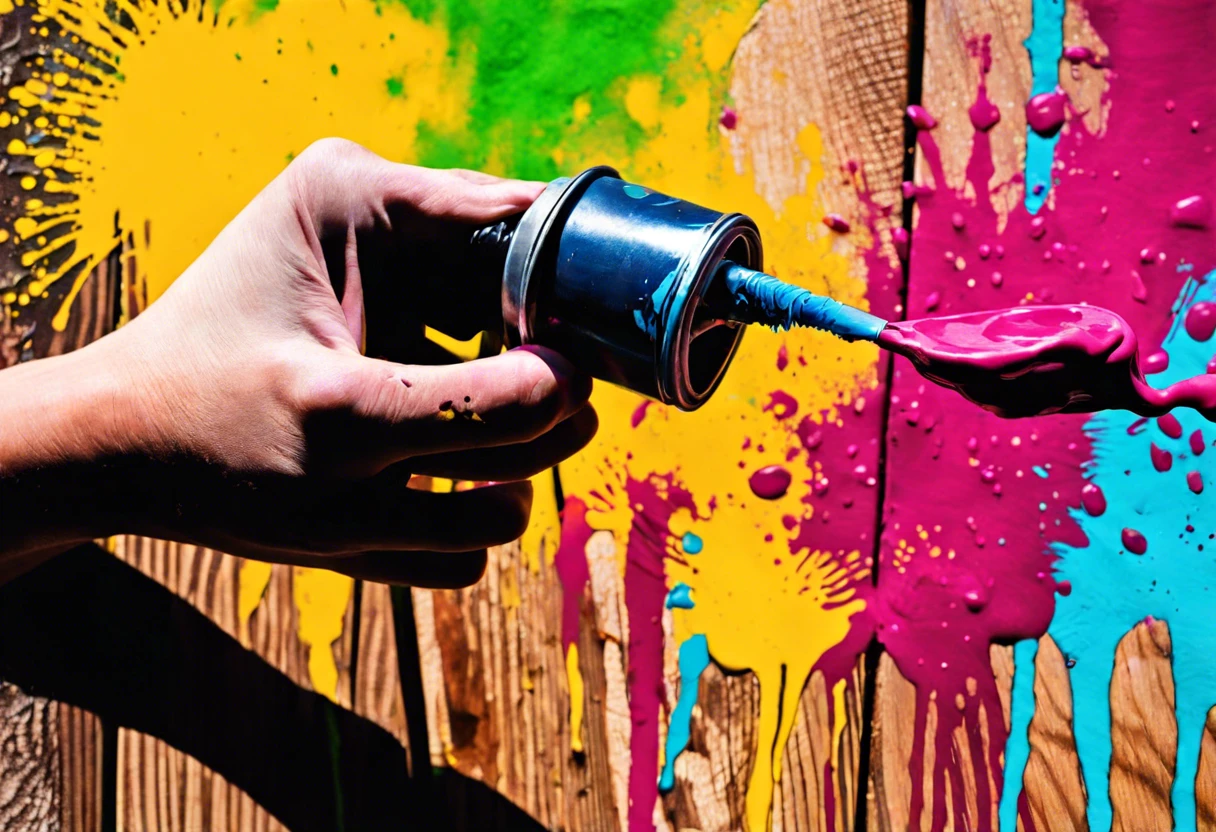 A hand holding a spray paint can with colorful paint splattering on wood, illustrating the process of spray painting wood.