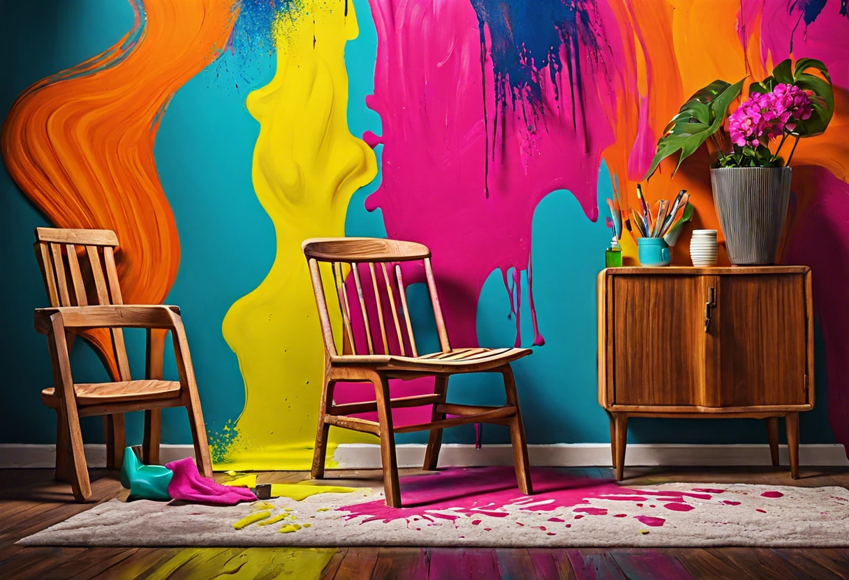 Colorful spray painted furniture in a vibrant setting demonstrating how furniture can be spray painted.