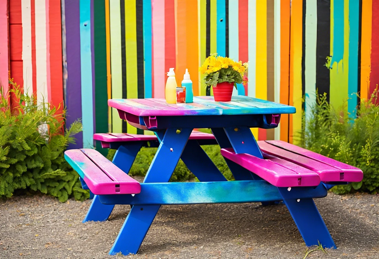 Colorful picnic table spray painted in vibrant hues, showcasing furniture spray painting potential.