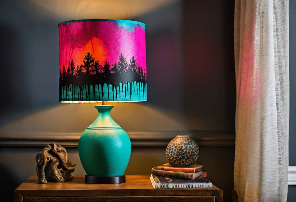 A vibrant, spray-painted lamp shade featuring a pink and turquoise design, showcasing the potential of spray painting lamp shades.
