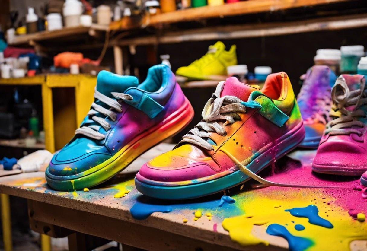 Colorful spray-painted shoes in a creative workspace, showcasing the art of customizing sneakers.