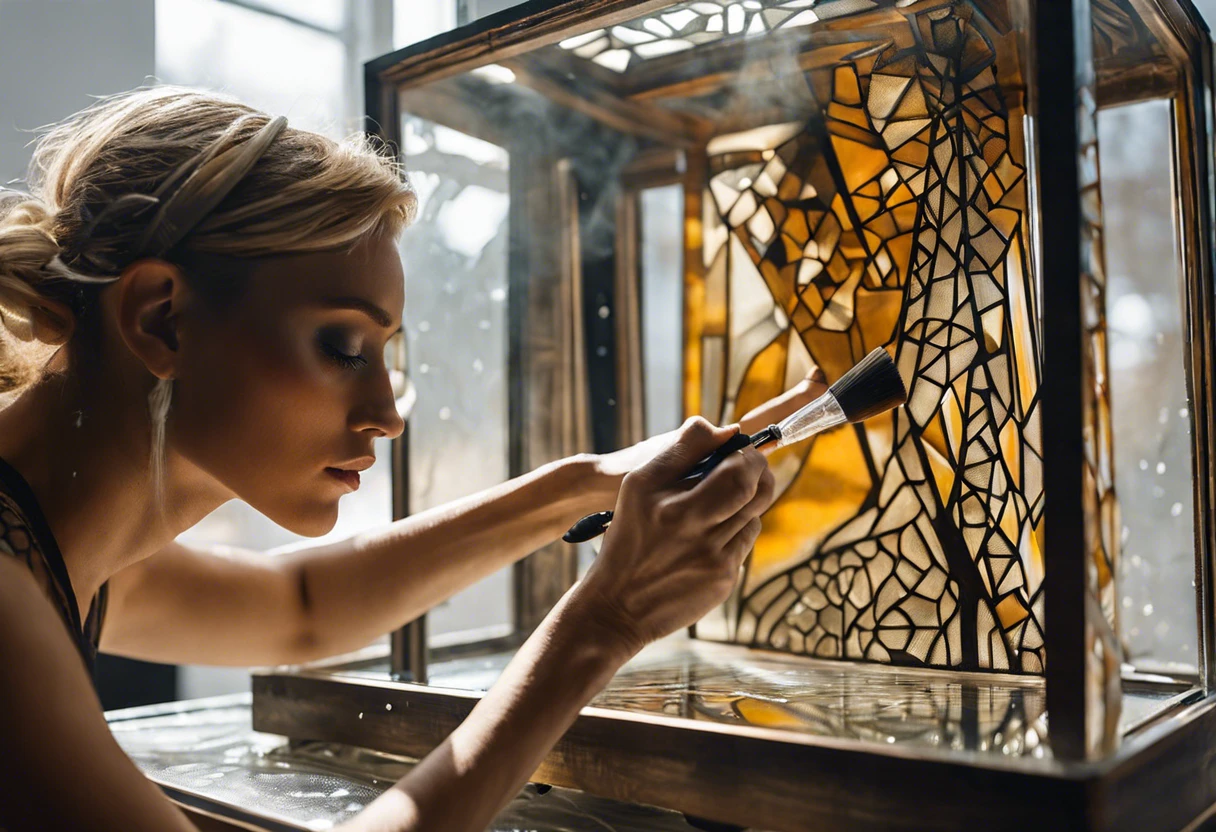 A woman spray painting a stained glass object demonstrating how to paint glass.