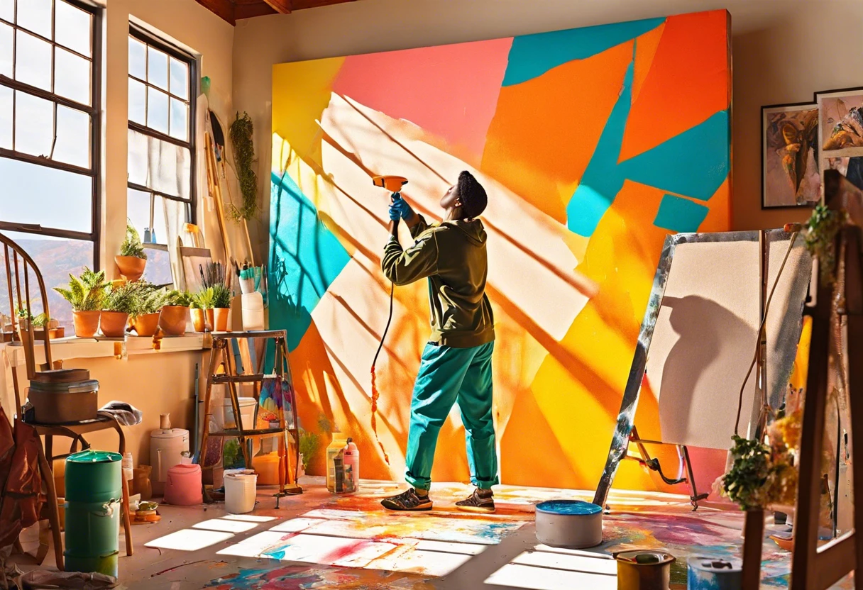 Person using a spray paint gun indoors to create vibrant artistic designs on a large canvas in a bright studio.