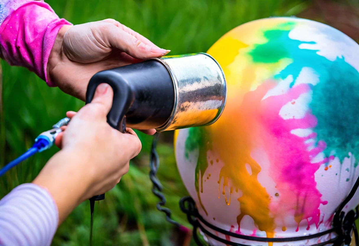 Person spray painting a lamp shade with vibrant colors, demonstrating the technique of spray painting lamp shades.