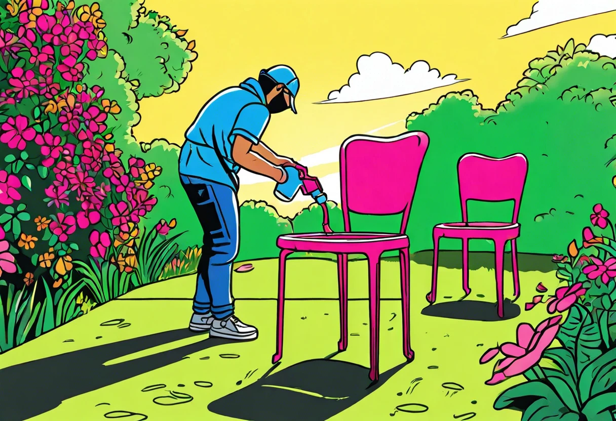 Person spray painting a pink plastic chair in a garden