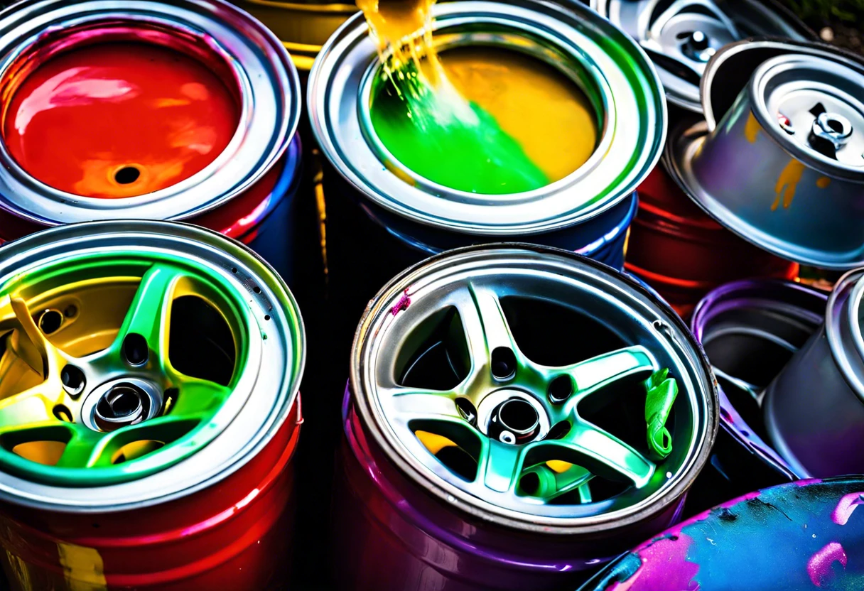 Colorful spray paint cans for painting car rims in various vibrant shades.