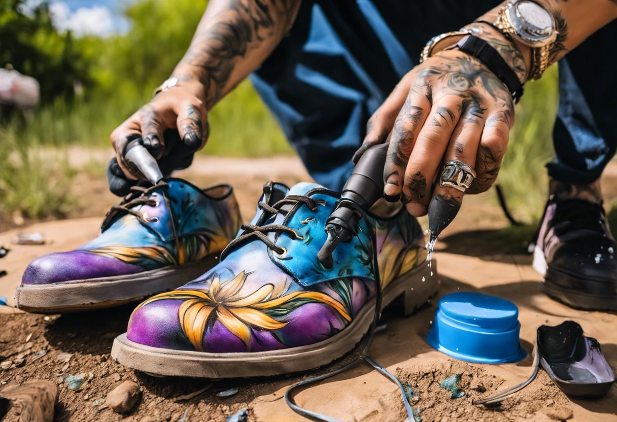 Person spray painting colorful designs on shoes in an outdoor setting, demonstrating how to spray paint shoes.