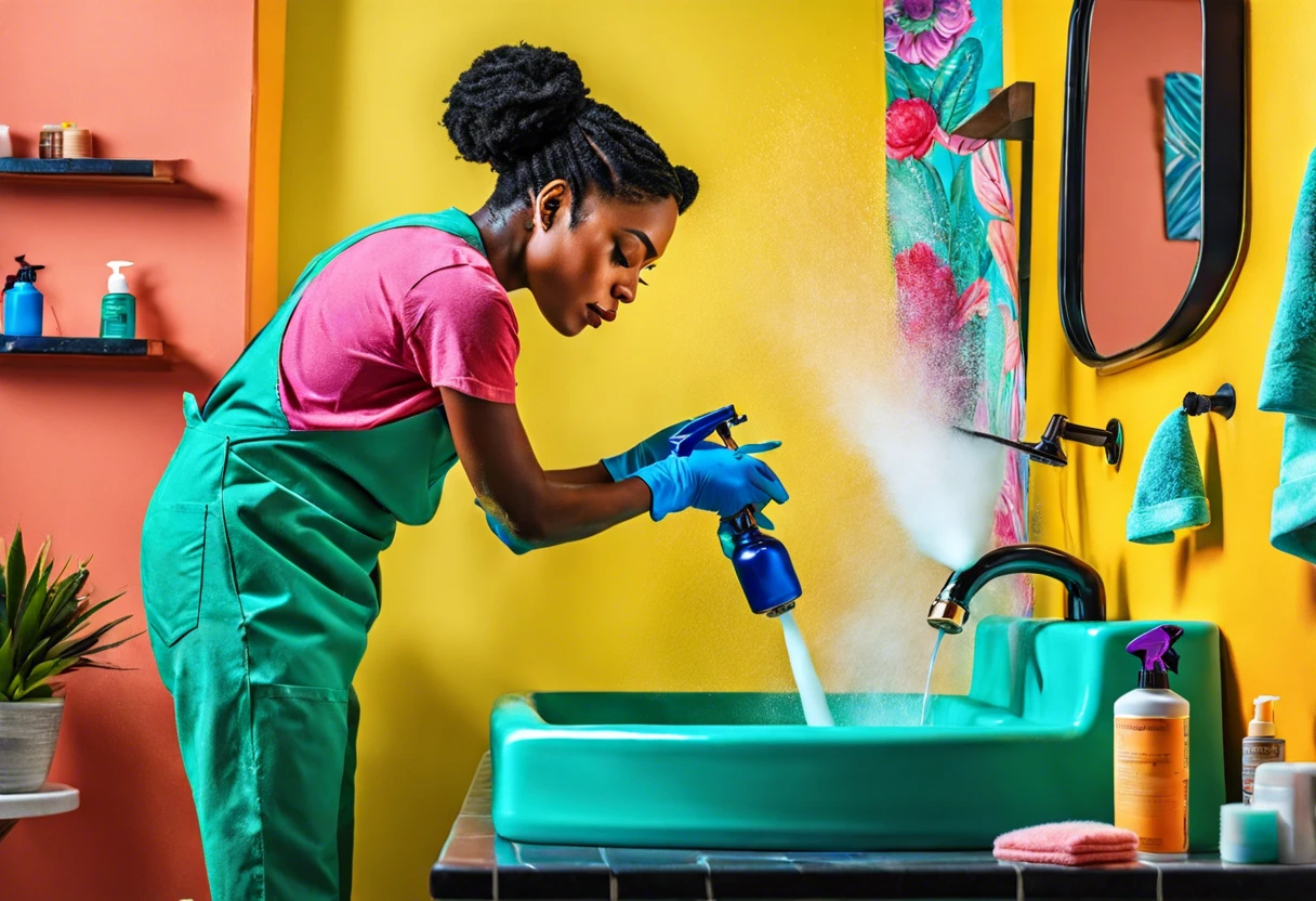 Woman spray painting a green sink in a colorful bathroom, demonstrating the process of spray painting a sink.