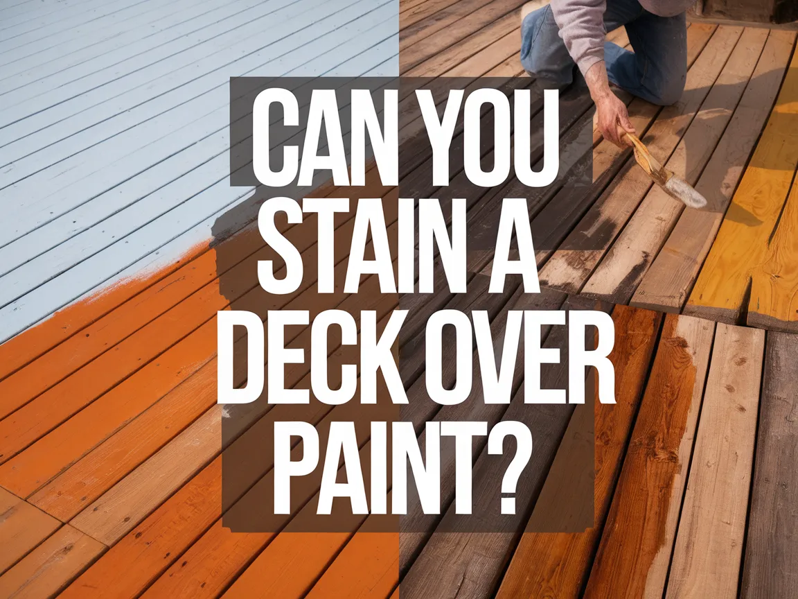 A person applying stain to a wooden deck surface that has been painted, illustrating the process of staining over paint.